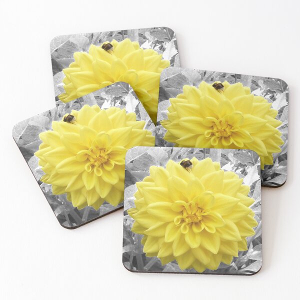 Item preview, Yellow Dahlia flower, with a bee in selective colouring.  designed and sold by PicsByTony.