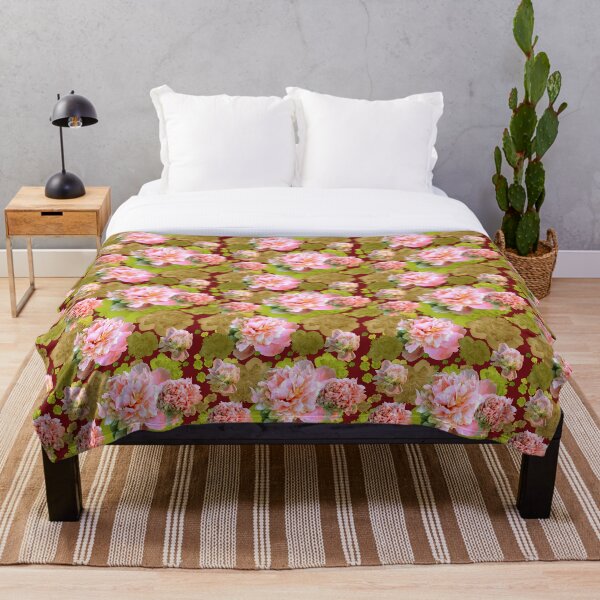 Pink and Green Peonies Throw Blanket