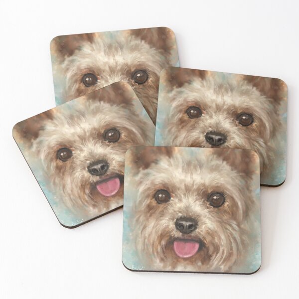 Item preview, Painting of a Furry Yorkshire Terrier with Its Tongue Out on Cloudy Background designed and sold by ibadishi.