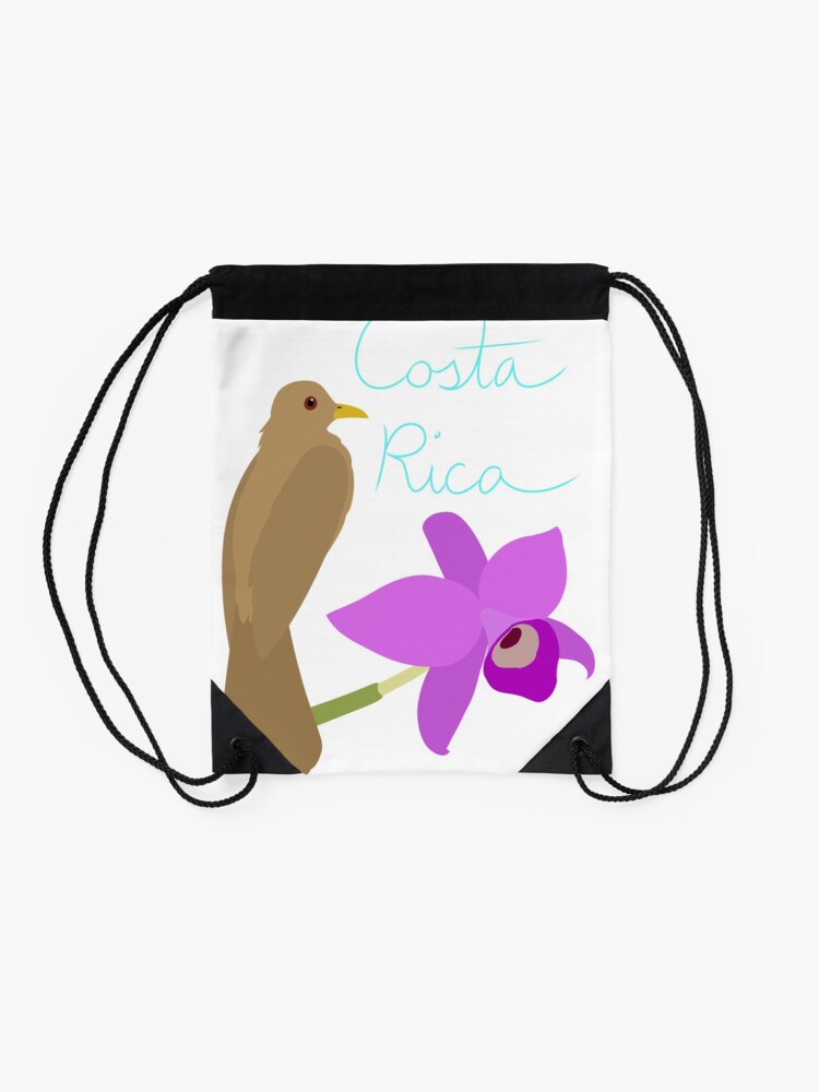 Alternate view of Costa Rica: Guaria Morada and Clay Colored Thrush Drawstring Bag