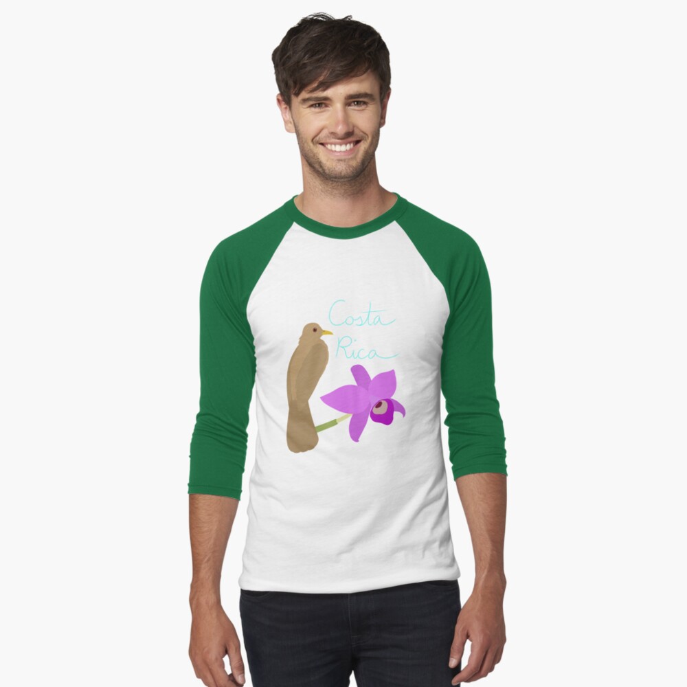 Costa Rica: Guaria Morada and Clay Colored Thrush Baseball ¾ Sleeve T-Shirt