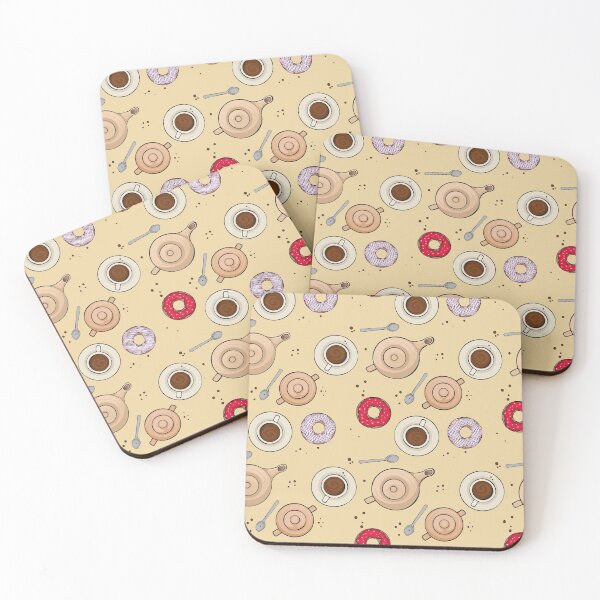 Item preview, Seamless pattern from various cute hand drawn coffee pots, cups and donuts designed and sold by SleepyMarten.
