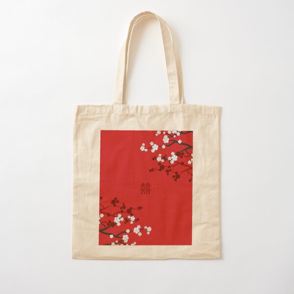 Item preview, White Oriental Cherry Blossoms on Red and Chinese Wedding Double Happiness | Japanese Sakura © fatfatin  designed and sold by fatfatin.