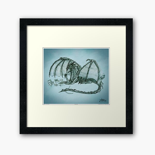 "Material Girl" by Amber Marine ~ (Sea Mist Version) Storm Dragon art, graphite and charcoal (Copyright 2005) Framed Art Print