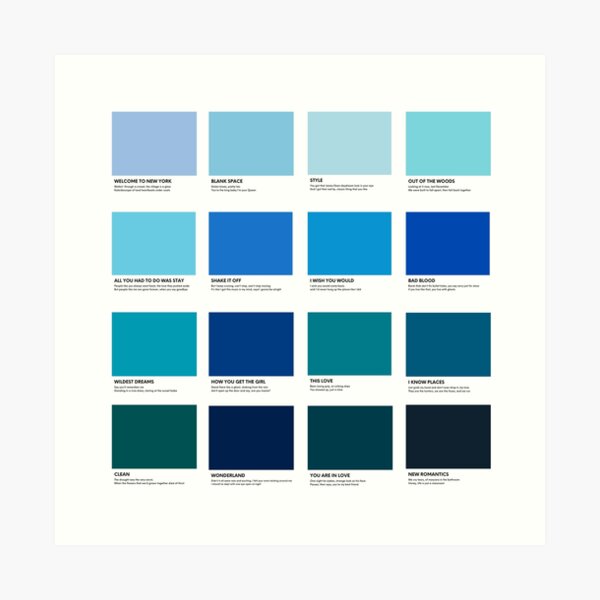 Taylor Swift 1989 Album Pantone Colour Swatch Track list Compilation Art Print