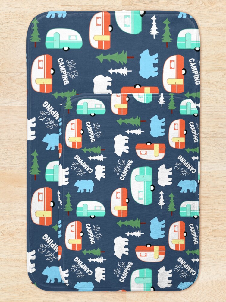 "Let's Go Camping Retro Campers Pattern Navy Blue" Bath Mat for Sale