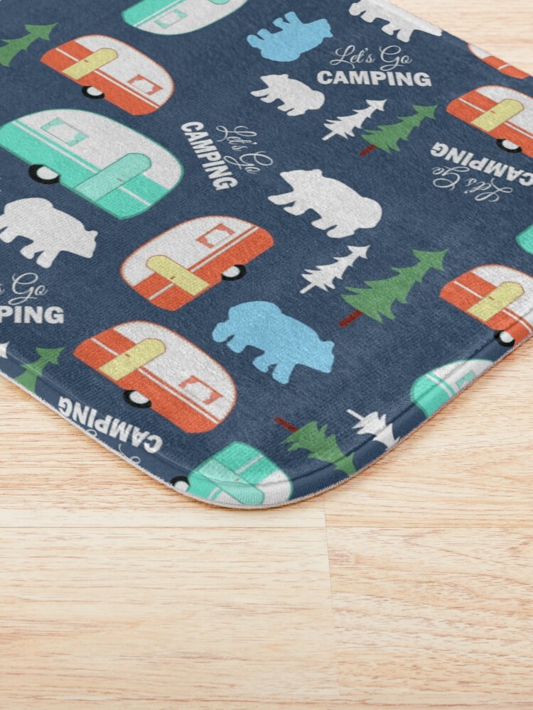 "Let's Go Camping Retro Campers Pattern Navy Blue" Bath Mat for Sale
