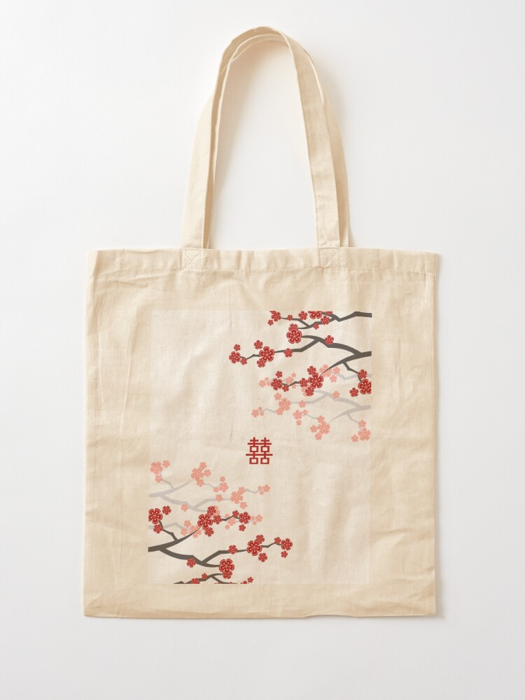 Red Oriental Cherry Blossoms on Ivory and Chinese Wedding Double Happiness  | Japanese Sakura © fatfatin | Tote Bag