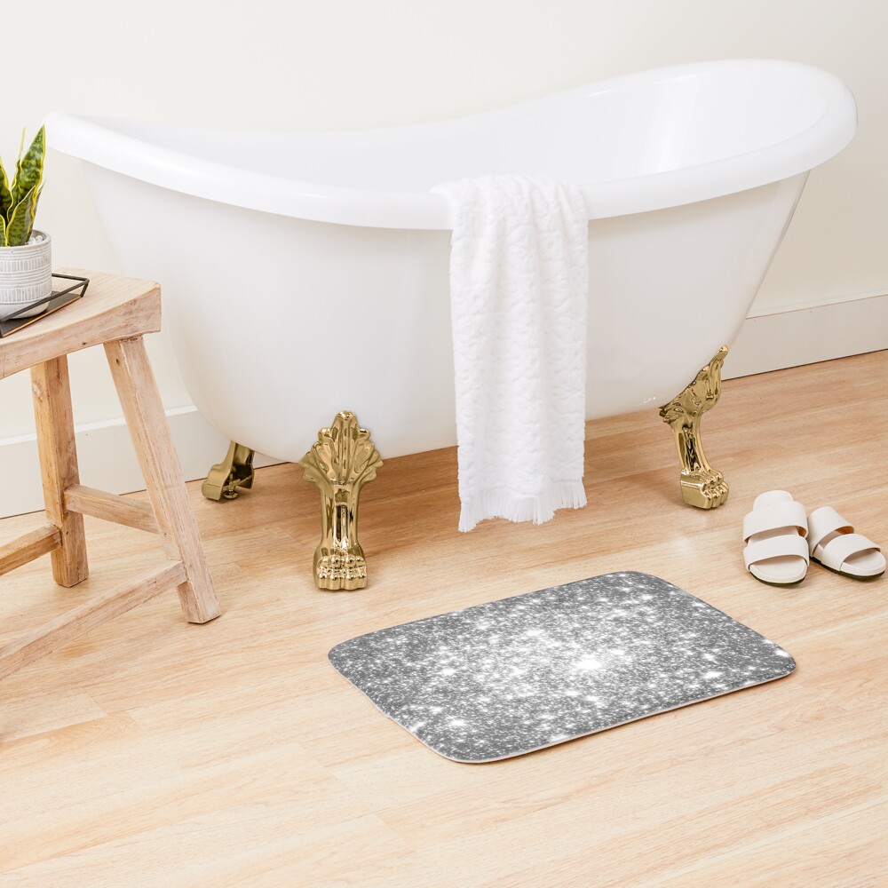 Galaxy Sparkle Stars Silver Gray Bath Mat