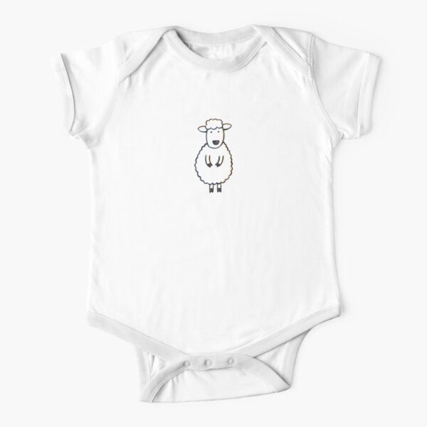 Fluffy White Sheep Illustration on White Short Sleeve Baby One-Piece