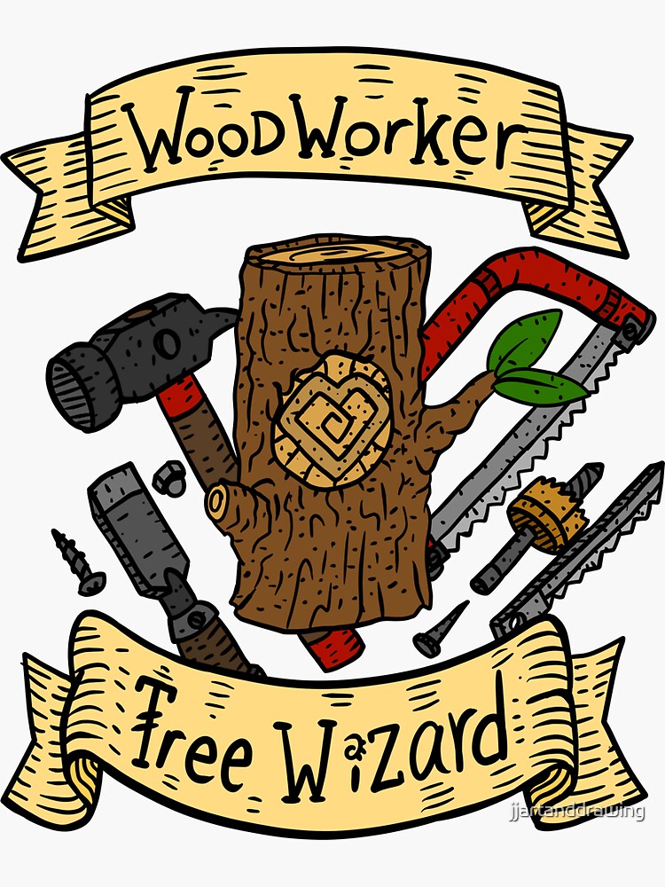 "wood working, carpenter, furniture maker. hand drawn banner. " Sticker for Sale by