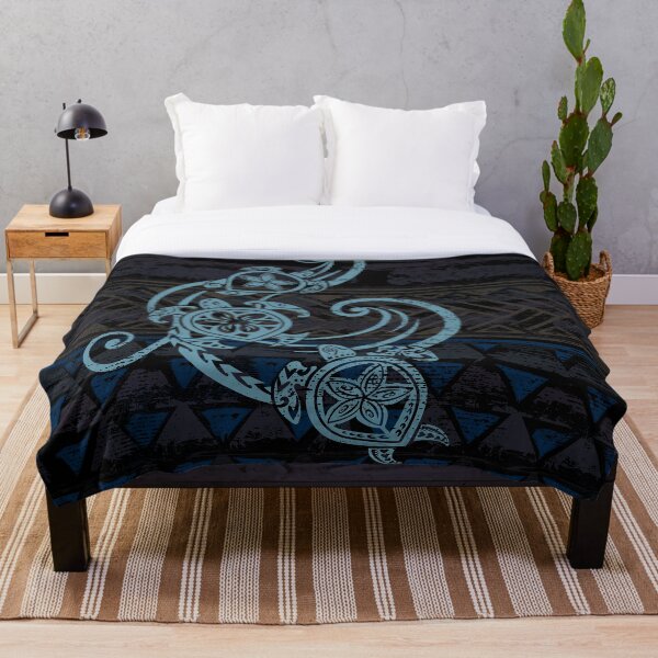Hawaiian Teal Tribal Turtles Throw Blanket