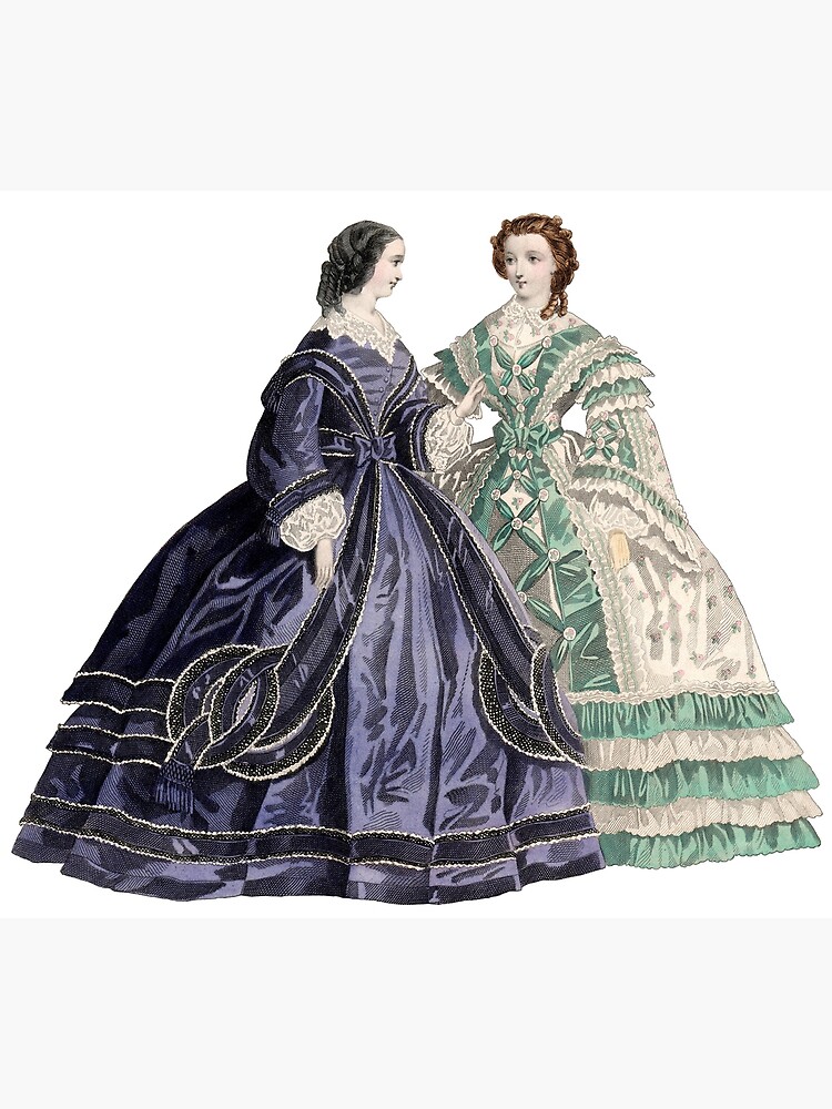 Two women wearing 19th century crinoline dresses