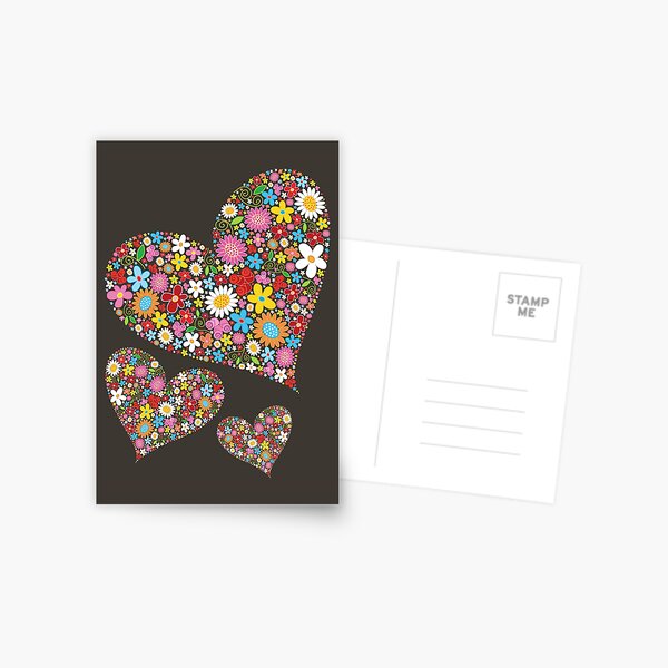 Whimsical Spring Flowers Valentine Hearts Trio Postcard