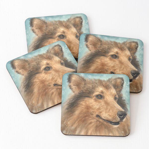 Item preview, Painting of a Blond Collie Dog on Grey Blue Background designed and sold by ibadishi.