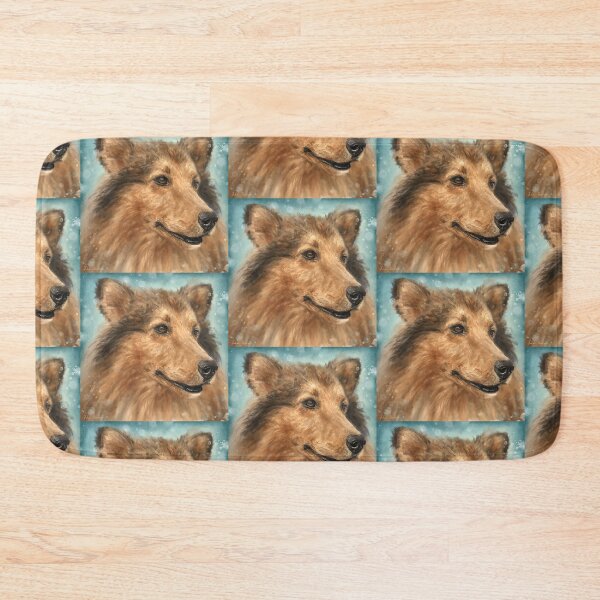 Item preview, Painting of a Blond Collie Dog on Grey Blue Background designed and sold by ibadishi.