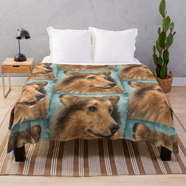 Item preview, Painting of a Blond Collie Dog on Grey Blue Background designed and sold by ibadishi.
