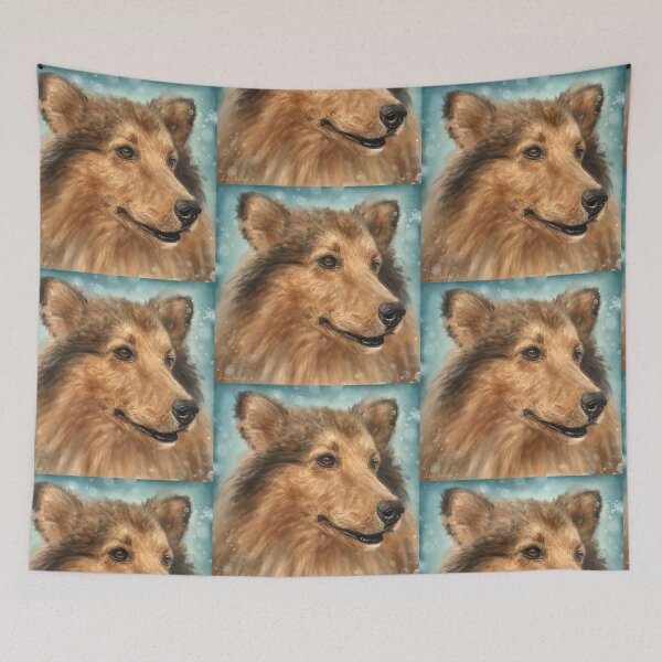 Item preview, Painting of a Blond Collie Dog on Grey Blue Background designed and sold by ibadishi.