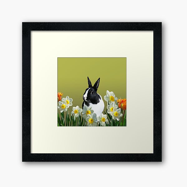 Artikel-Vorschau von Schwarz weisser Hase in einem Feld von Tulpen und Narzissen, designt und verkauft von Move-Art.
