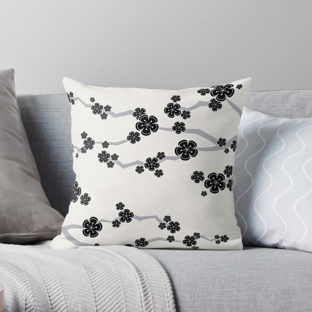Black Oriental Cherry Blossoms | Zen Japanese Sakura Flowers Throw Pillow