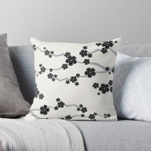 Black Oriental Cherry Blossoms | Zen Japanese Sakura Flowers Throw Pillow