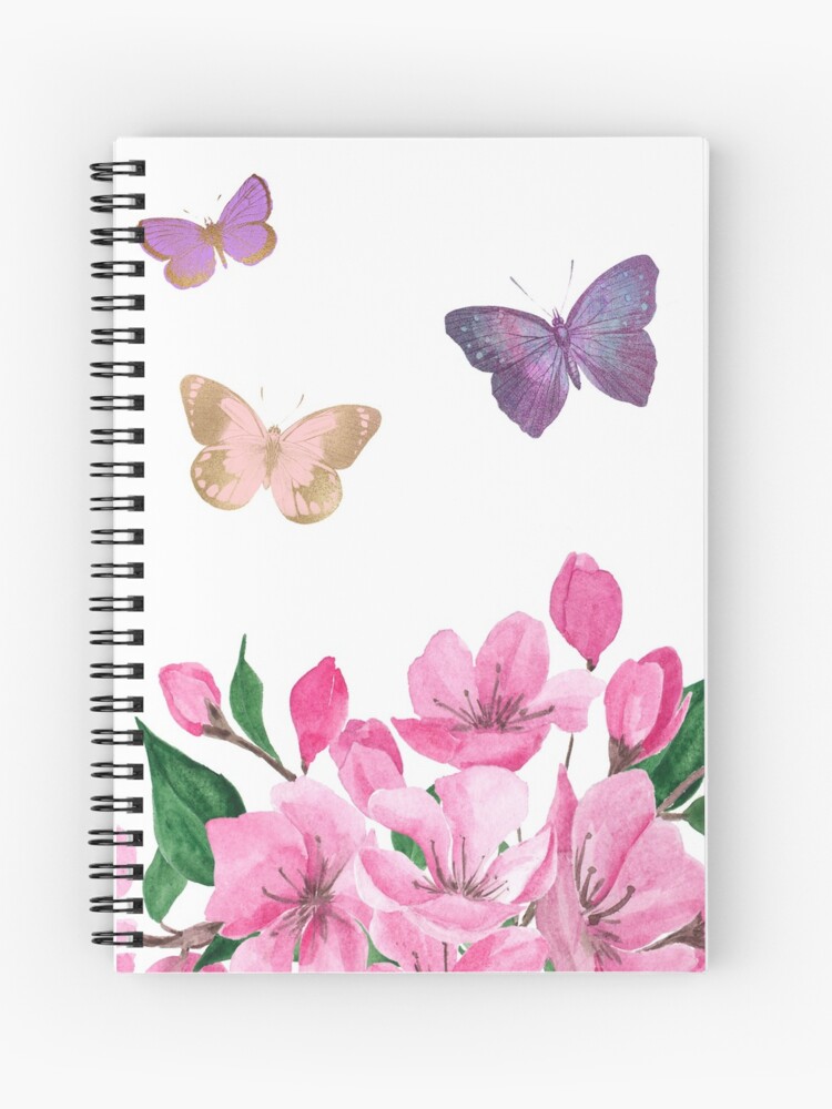 Cuaderno de espiral «Mariposas de colores alrededor de flores de color  rosa» de UniqueDB | Redbubble