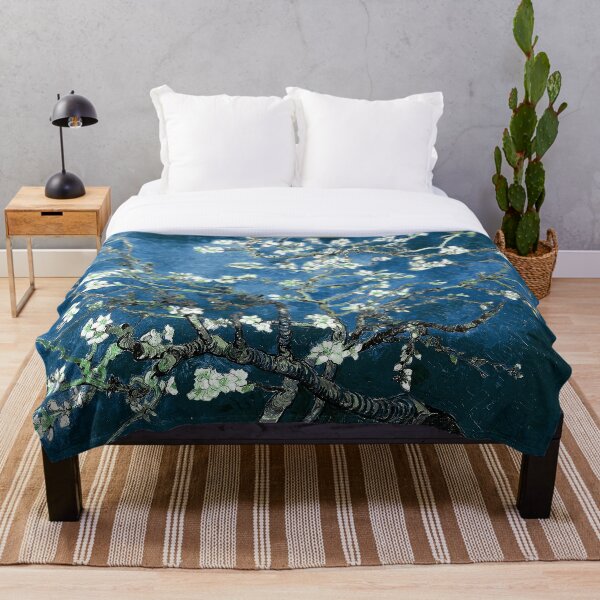 Van Gogh Almond Blossoms Deep Ocean Blue Throw Blanket