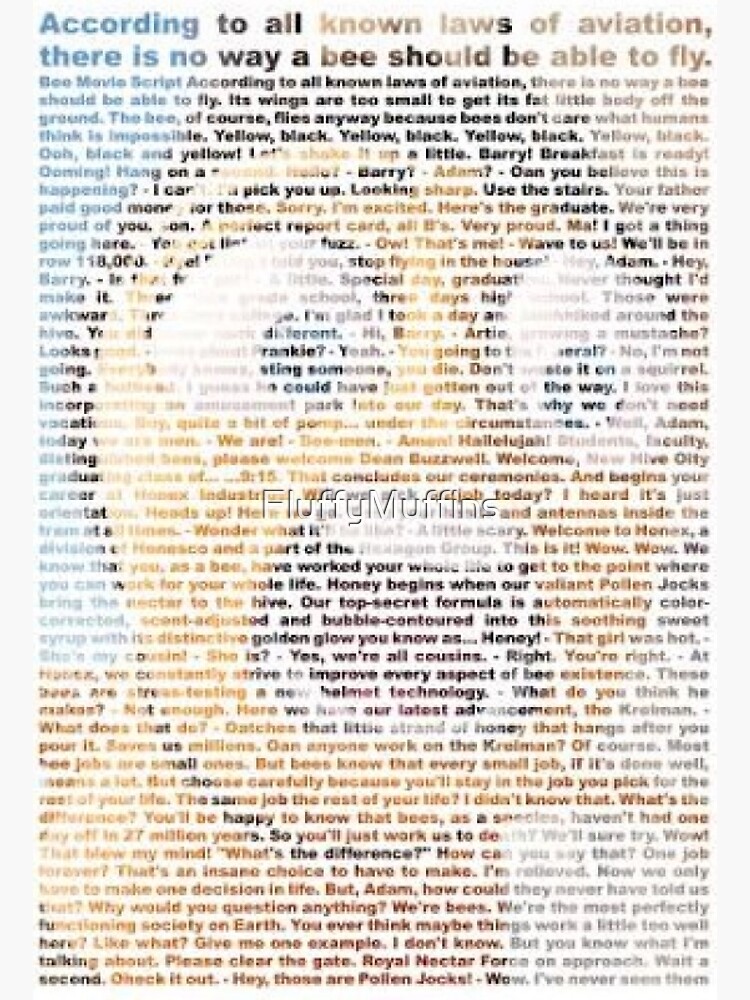 "Entire bee movie script" Poster by FluffyMuffins Redbubble