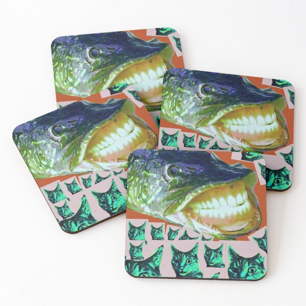 Item preview, Salmon wearing false teeth with freaked out Nigel cat designed and sold by Nicole Wiedig.