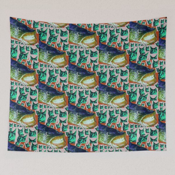Item preview, Salmon wearing false teeth with freaked out Nigel cat designed and sold by Nicole Wiedig.