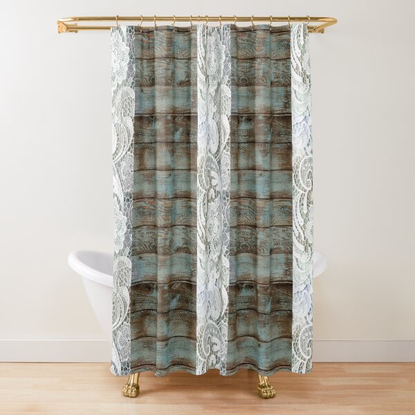 "Western Country distressed blue Barn Wood white Lace" Shower Curtain for Sale by lfang77