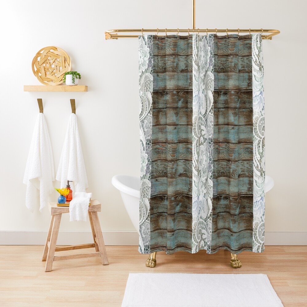 "Western Country distressed blue Barn Wood white Lace" Shower Curtain