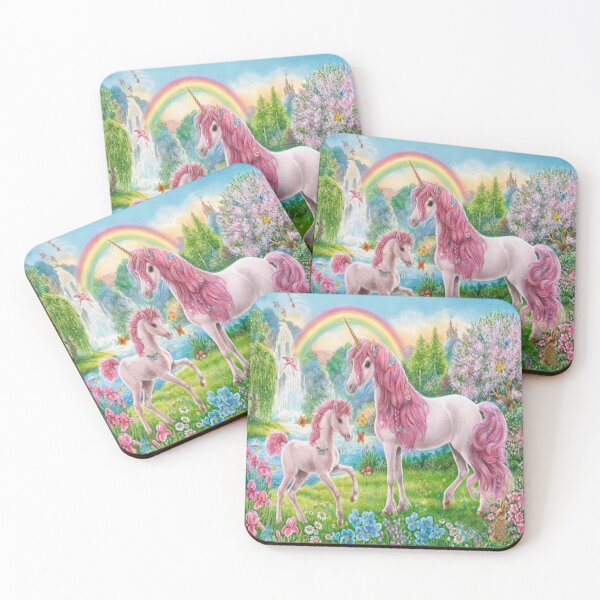 Item preview, Rose Pink Mother Baby Unicorn Rainbow Waterfall Flowers designed and sold by Rowena Jones.