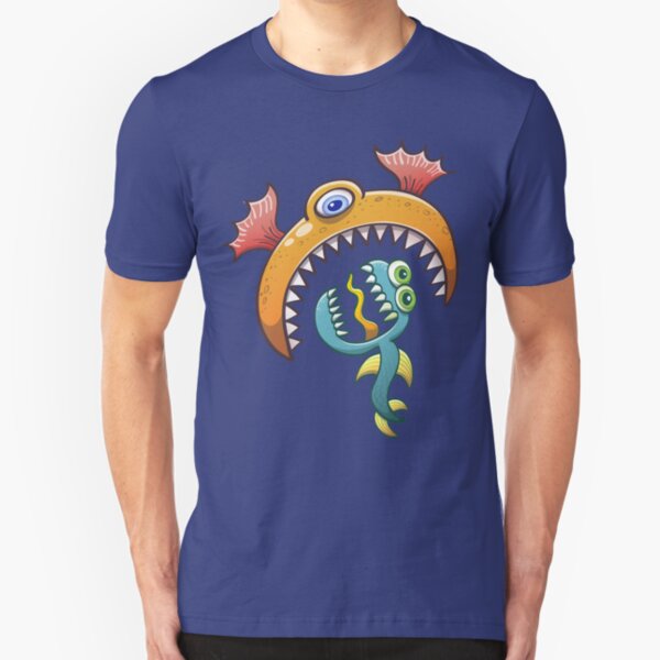One-eyed sea monster gobbles a scared ugly creature Slim Fit T-Shirt