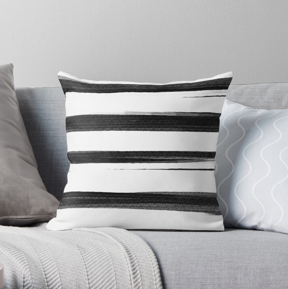 Black and White Brash Stroke Stripes Throw Pillow