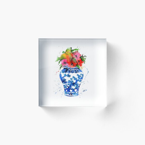 Ginger Jar, Blue and White China Vase, Poppy flowers Acrylic Block