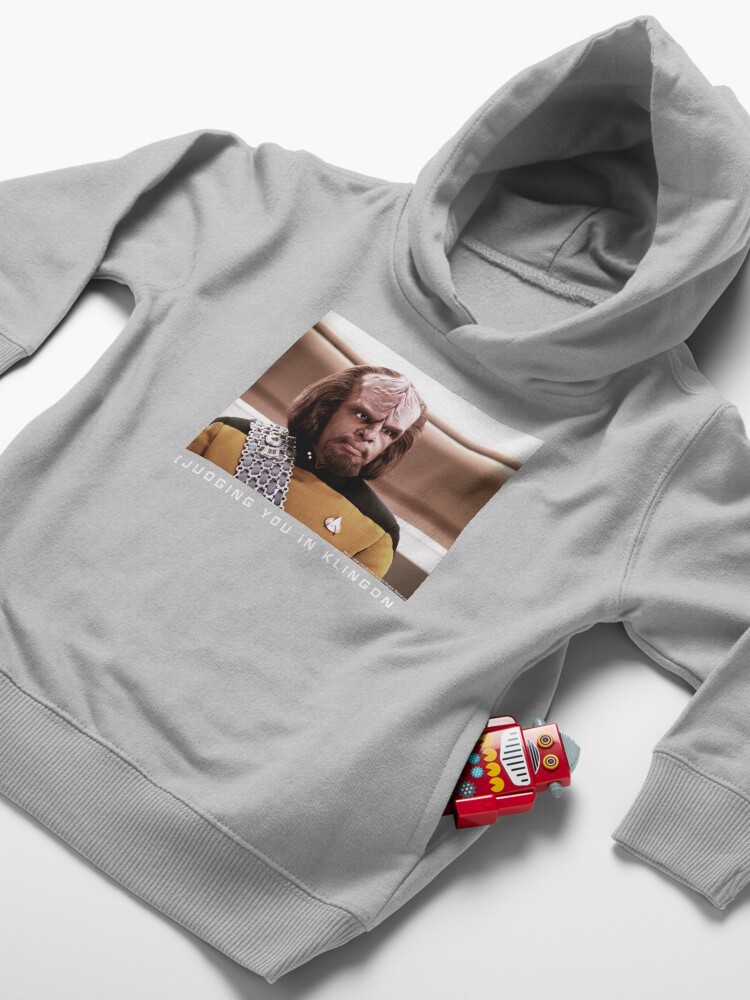 Alternate view of Star Trek Next Generation Worf ( Judging You In Klingon) Portrait Toddler Pullover Hoodie