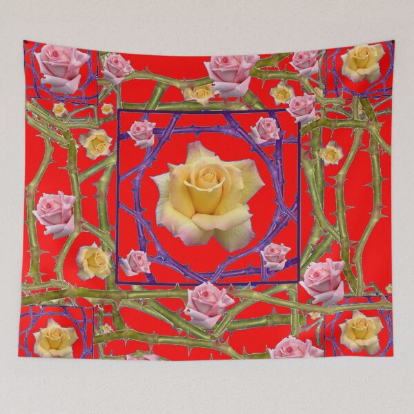 Item preview, PINK-GOLD ROSES ON GREEN CANES CHINESE RED ABSTRACT  designed and sold by sharlesart.