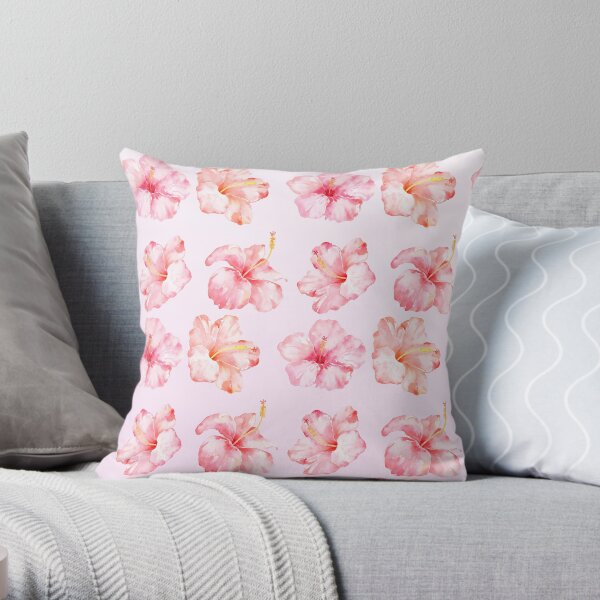 Peach Pink Hibiscus Tropical Flowers Throw Pillow