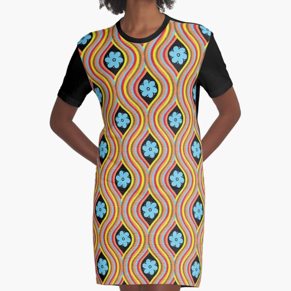 1970s Retro Vintage Hippie Bohemian Flower Power Festival Graphic T-Shirt Dress