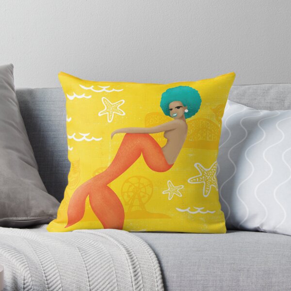 Coney Island Mermaid with Blue Hair Throw Pillow