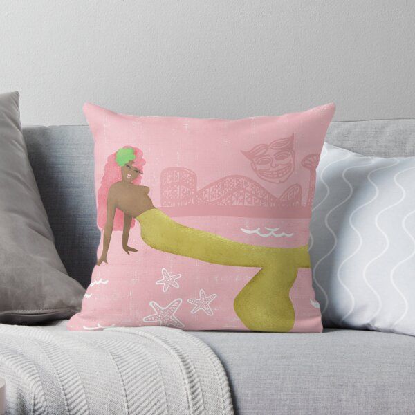 Coney Island Mermaid with Pink Hair Throw Pillow