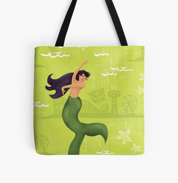 Coney Island Mermaid with Black Hair All Over Print Tote Bag