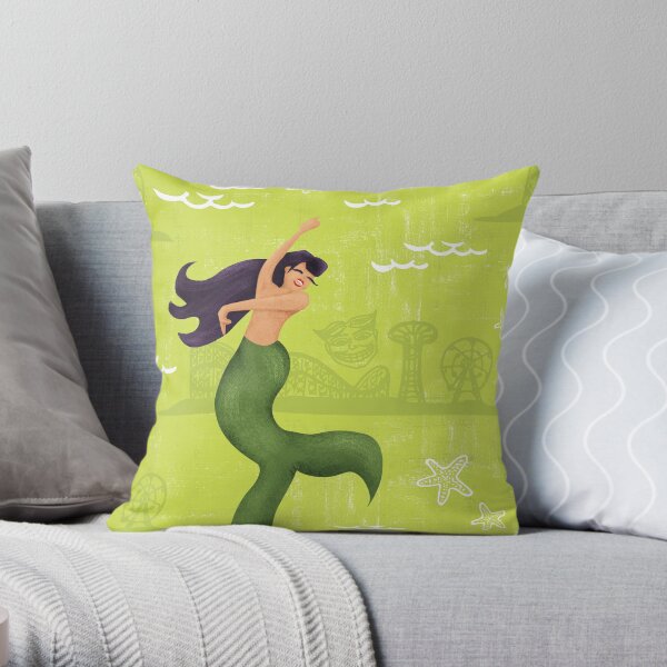 Coney Island Mermaid with Black Hair Throw Pillow