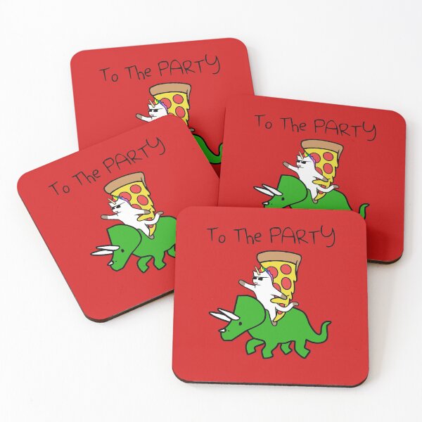 Item preview, To The Party (Unicorn Cat And Pizza Riding Triceratops) (Red Background) designed and sold by jezkemp.