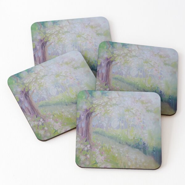 Item preview, Spring Orchard is an original oil painting of pink and white apple blossom trees in an orchard by a stream designed and sold by Gill Bustamante.