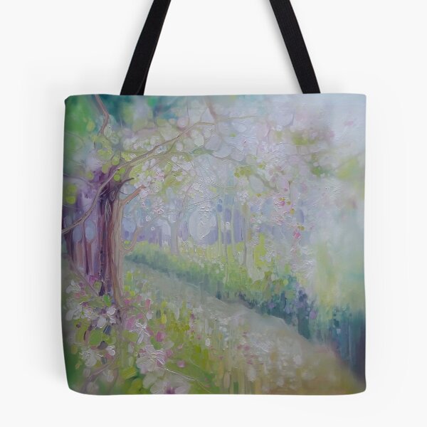 Item preview, Spring Orchard is an original oil painting of pink and white apple blossom trees in an orchard by a stream designed and sold by Gill Bustamante.