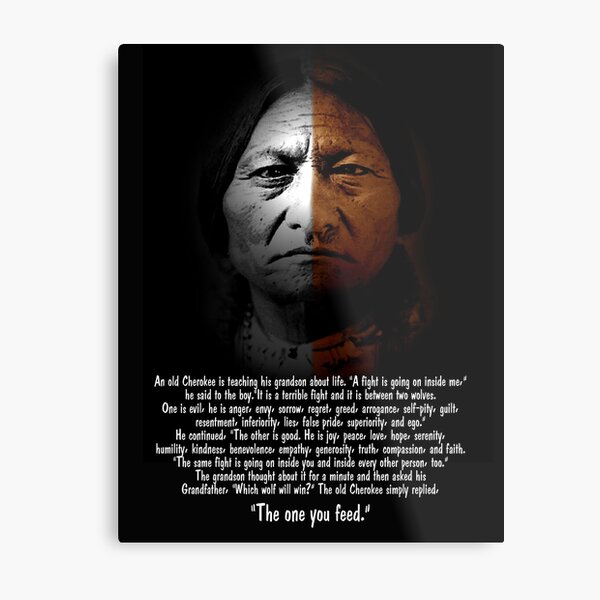 Sitting Bull with "Two Wolves" text Metal Print