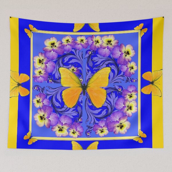 Item preview,  YELLOW BUTTERFLIES WHITE-BLUE  PATTERN PURPLE-YELLOW PANSY GARDEN  designed and sold by sharlesart.