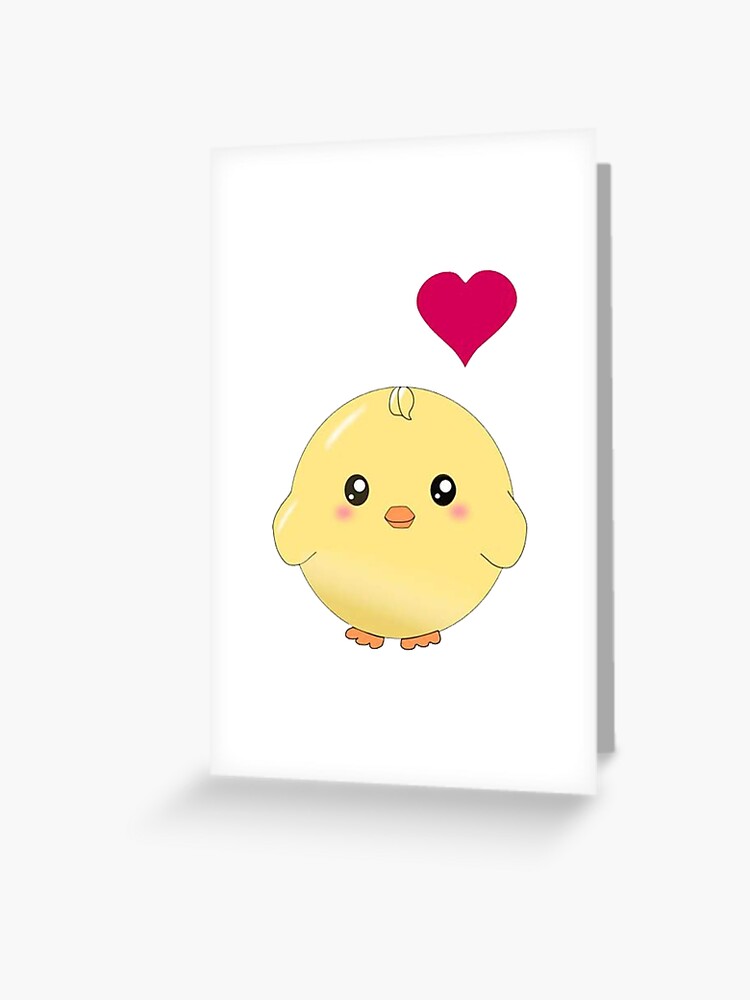 Carte De Vœux Poussin Jaune Mignon Avec Coeur D Amour Rouge Dessin Anime Anime Kawaii Doux Adorable Bebe Oiseau Rond Par Awadal18 Redbubble